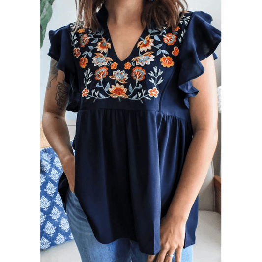 Maryanne Blue V Neck Ruffled Sleeve Floral Embroidered Detail Babydoll Blouse