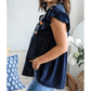 Maryanne Blue V Neck Ruffled Sleeve Floral Embroidered Detail Babydoll Blouse