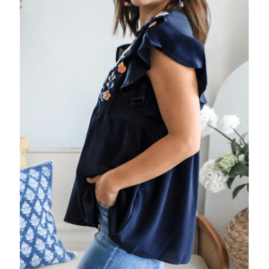 Maryanne Blue V Neck Ruffled Sleeve Floral Embroidered Detail Babydoll Blouse