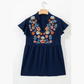 Maryanne Blue V Neck Ruffled Sleeve Floral Embroidered Detail Babydoll Blouse