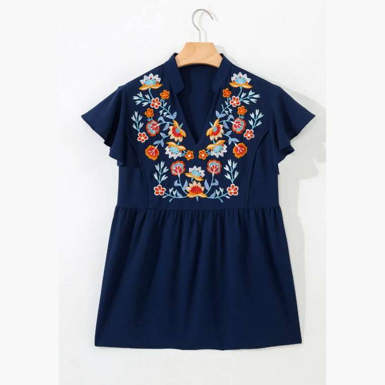 Maryanne Blue V Neck Ruffled Sleeve Floral Embroidered Detail Babydoll Blouse