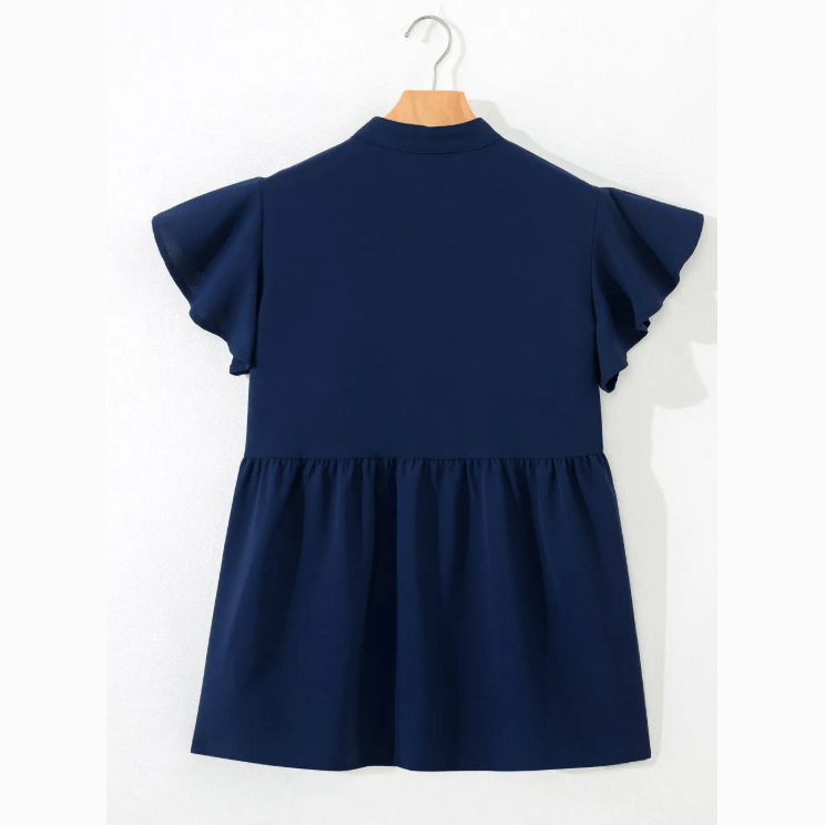 Maryanne Blue V Neck Ruffled Sleeve Floral Embroidered Detail Babydoll Blouse