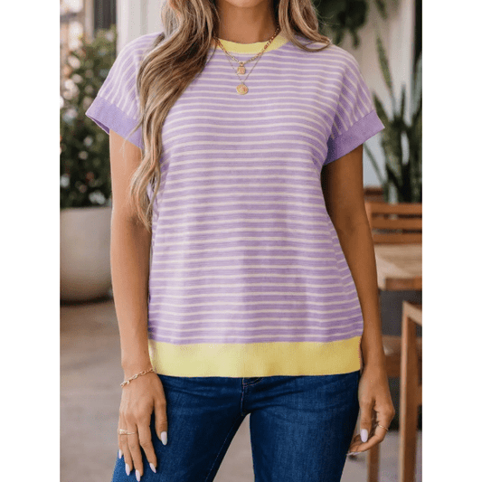 Sonny Purple Stripe Colorblock Paneling Collar Cuff Hem Texture T-Shirt