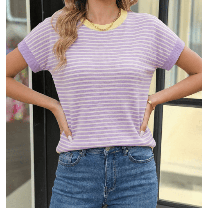 Sonny Purple Stripe Colorblock Paneling Collar Cuff Hem Texture T-Shirt