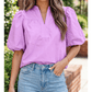 Kensley Stitched Detail V Neck Puffy Half Sleeve Blouse