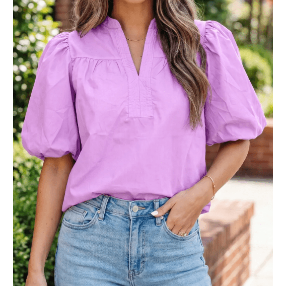 Kensley Stitched Detail V Neck Puffy Half Sleeve Blouse