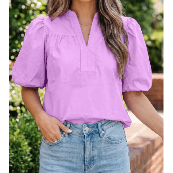 Kensley Stitched Detail V Neck Puffy Half Sleeve Blouse