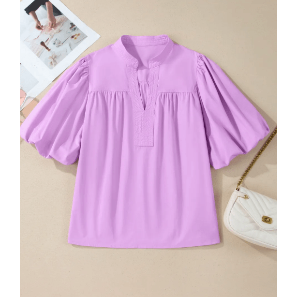 Kensley Stitched Detail V Neck Puffy Half Sleeve Blouse