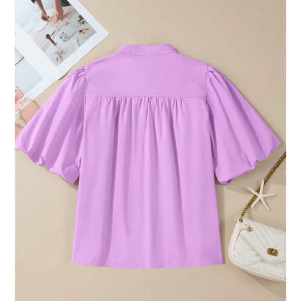 Kensley Stitched Detail V Neck Puffy Half Sleeve Blouse