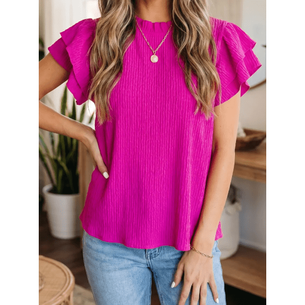 Corbin Hot Pink Textured Ruffle Trim Short Sleeve Blouse