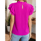 Corbin Hot Pink Textured Ruffle Trim Short Sleeve Blouse