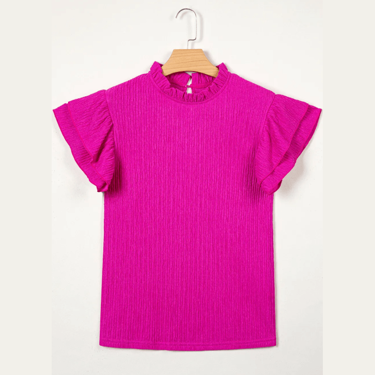Corbin Hot Pink Textured Ruffle Trim Short Sleeve Blouse