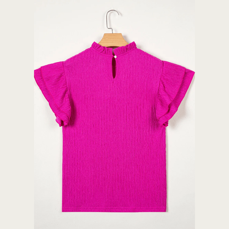 Corbin Hot Pink Textured Ruffle Trim Short Sleeve Blouse