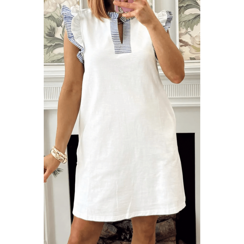 Ansley White Contrasted Striped Patchwork Split Neck Ruffle Trim Sleeveless Dress