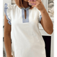 Ansley White Contrasted Striped Patchwork Split Neck Ruffle Trim Sleeveless Dress