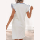 Ansley White Contrasted Striped Patchwork Split Neck Ruffle Trim Sleeveless Dress