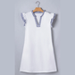 Ansley White Contrasted Striped Patchwork Split Neck Ruffle Trim Sleeveless Dress