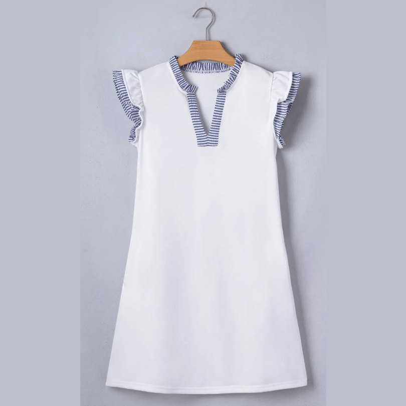 Ansley White Contrasted Striped Patchwork Split Neck Ruffle Trim Sleeveless Dress