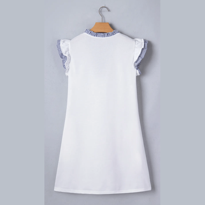 Ansley White Contrasted Striped Patchwork Split Neck Ruffle Trim Sleeveless Dress
