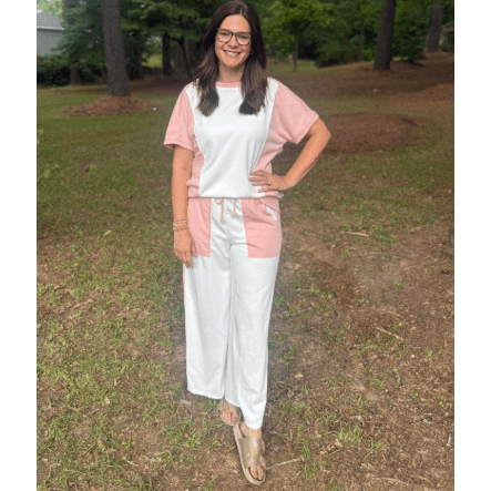 Laurabell White Two-tone Color Block Patchwork Tee Drawstring Loose Pant Set