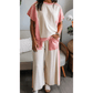 Laurabell White Two-tone Color Block Patchwork Tee Drawstring Loose Pant Set