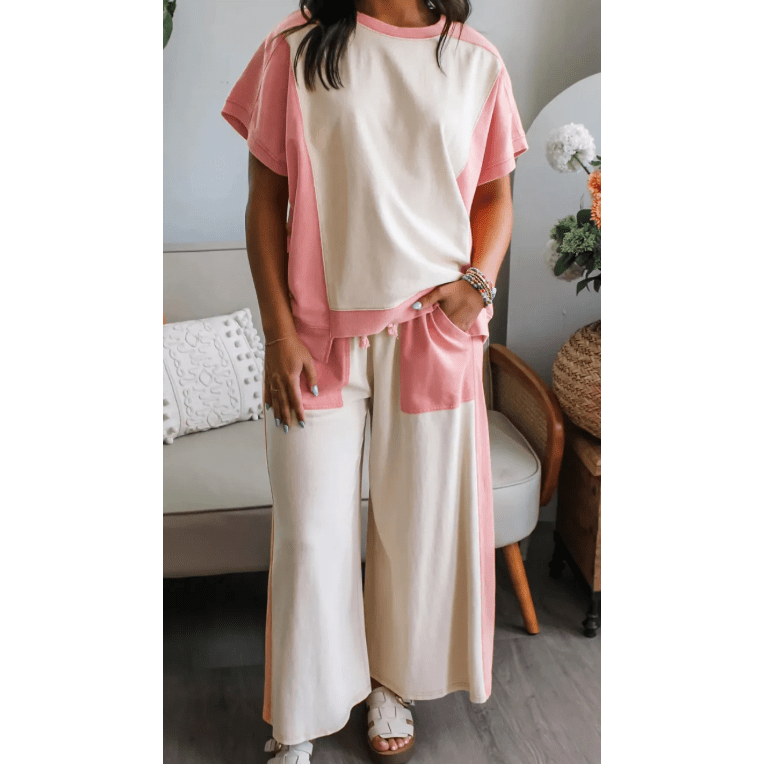 Laurabell White Two-tone Color Block Patchwork Tee Drawstring Loose Pant Set