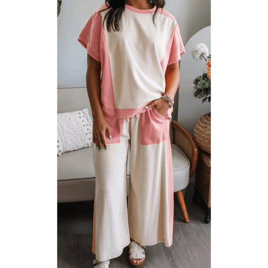 Laurabell White Two-tone Color Block Patchwork Tee Drawstring Loose Pant Set