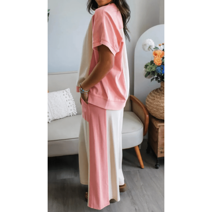 Laurabell White Two-tone Color Block Patchwork Tee Drawstring Loose Pant Set