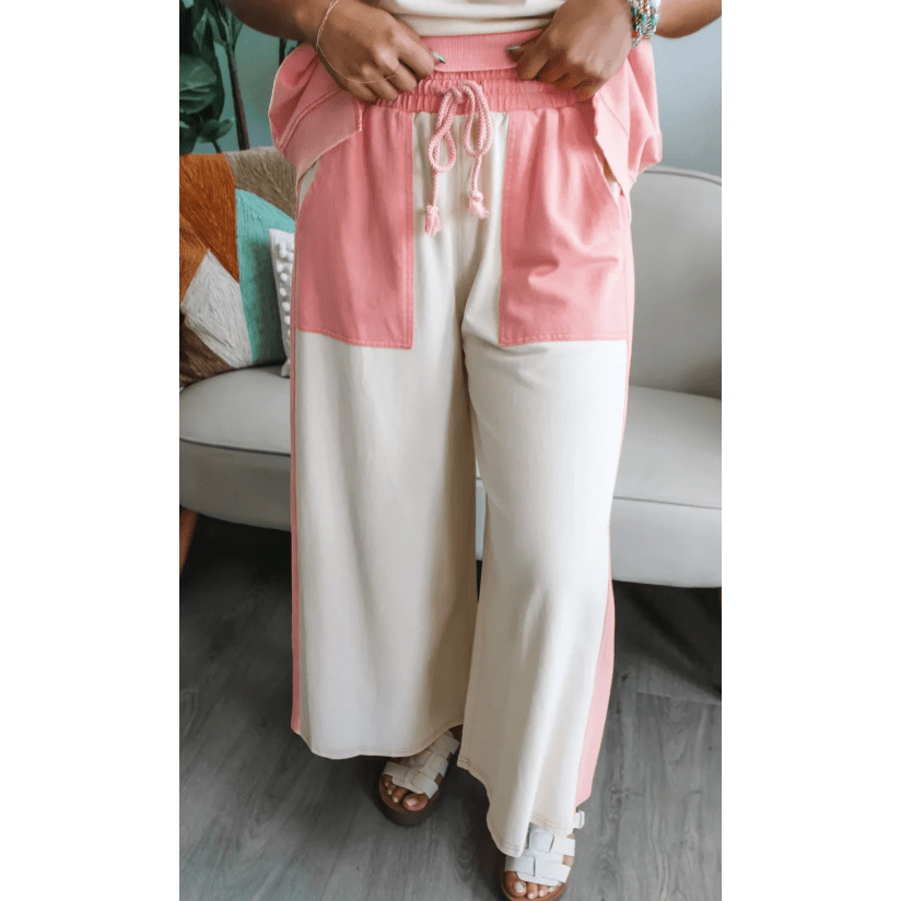 Laurabell White Two-tone Color Block Patchwork Tee Drawstring Loose Pant Set