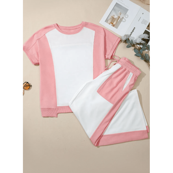 Laurabell White Two-tone Color Block Patchwork Tee Drawstring Loose Pant Set