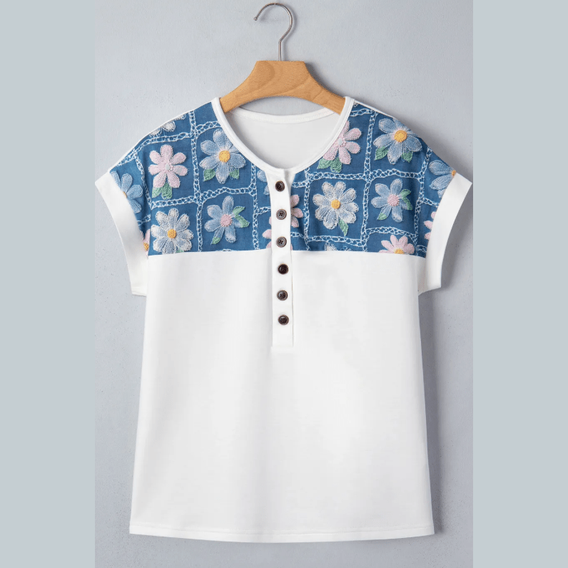 Miriam White Floral Patchwork Short Sleeve Viscose Blend Blouse