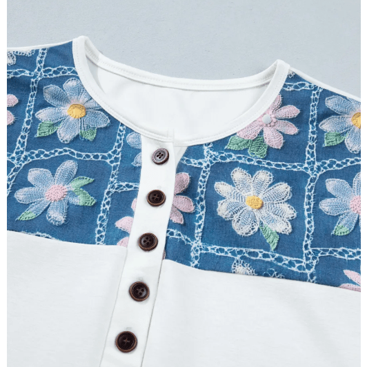 Miriam White Floral Patchwork Short Sleeve Viscose Blend Blouse