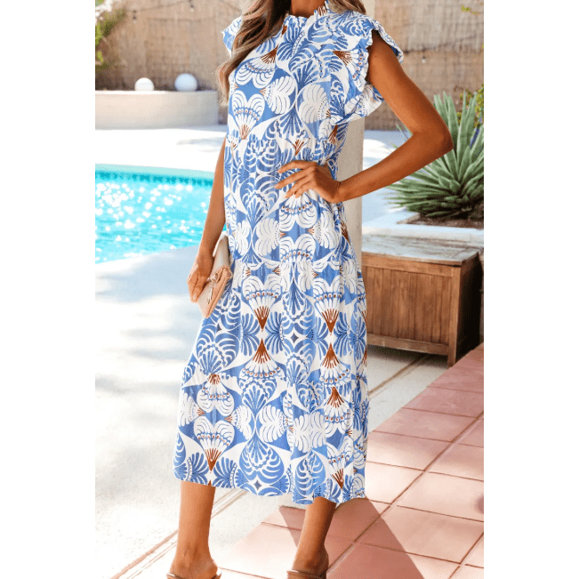 SALE!!!  Kamilla Sky Blue Tropical Botanic Print Flutter Sleeve Vacation Long Dress