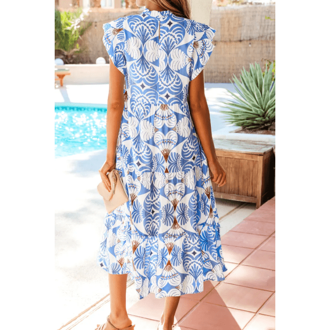 SALE!!!  Kamilla Sky Blue Tropical Botanic Print Flutter Sleeve Vacation Long Dress