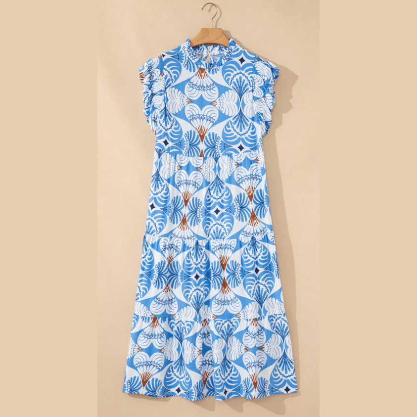 SALE!!!  Kamilla Sky Blue Tropical Botanic Print Flutter Sleeve Vacation Long Dress
