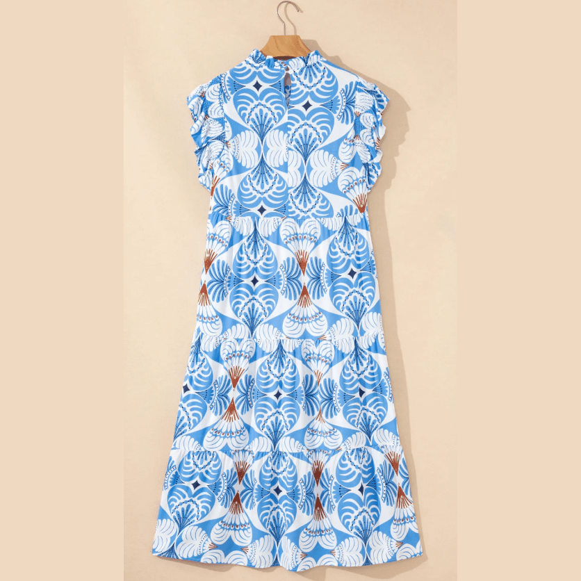 SALE!!!  Kamilla Sky Blue Tropical Botanic Print Flutter Sleeve Vacation Long Dress