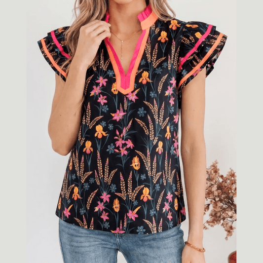 SALE!!!  Lillibeth Black Floral Print Contrast Trim Tiered Ruffled Short Sleeve Blouse