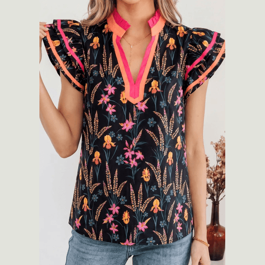 SALE!!!  Lillibeth Black Floral Print Contrast Trim Tiered Ruffled Short Sleeve Blouse