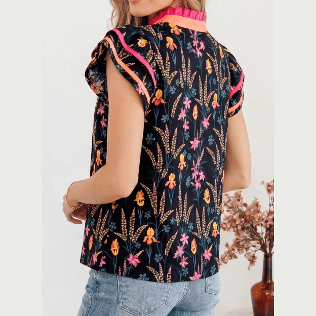 SALE!!!  Lillibeth Black Floral Print Contrast Trim Tiered Ruffled Short Sleeve Blouse