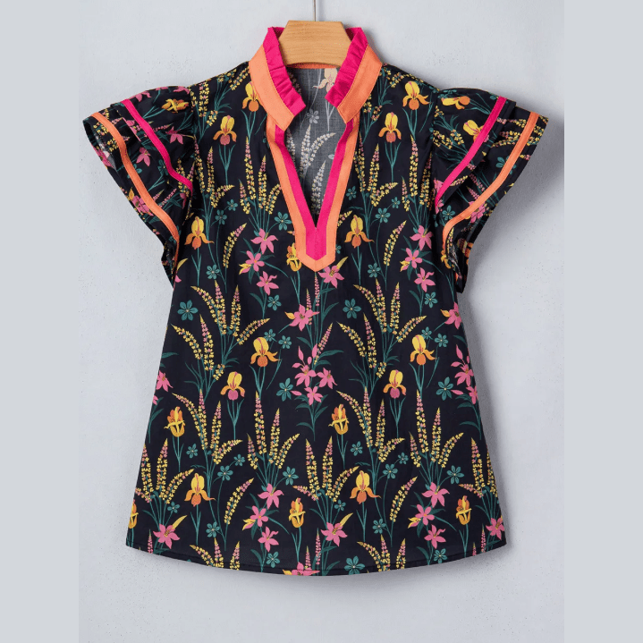 SALE!!!  Lillibeth Black Floral Print Contrast Trim Tiered Ruffled Short Sleeve Blouse
