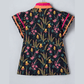 SALE!!!  Lillibeth Black Floral Print Contrast Trim Tiered Ruffled Short Sleeve Blouse