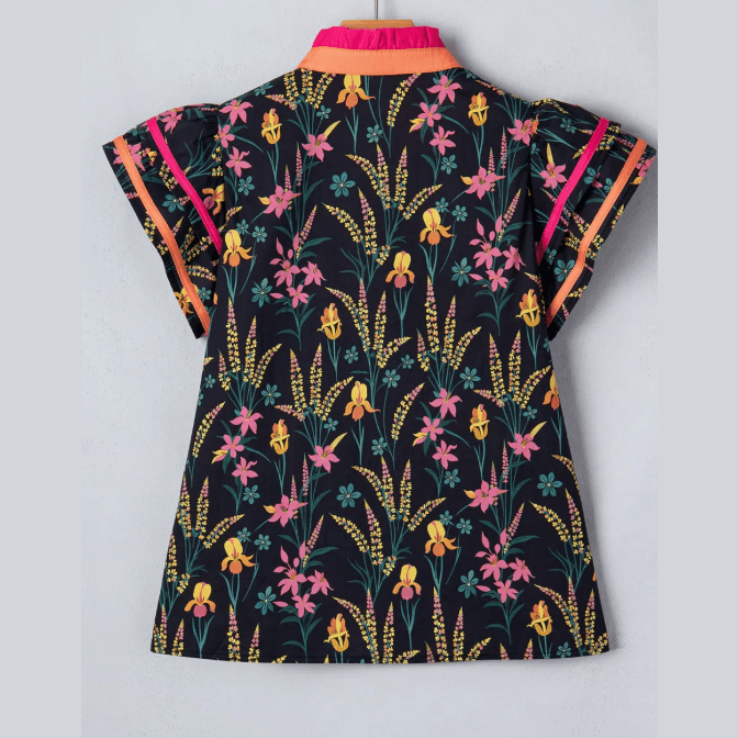 SALE!!!  Lillibeth Black Floral Print Contrast Trim Tiered Ruffled Short Sleeve Blouse