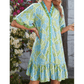 Tilda Sky Blue Botanical Floral Print Frilled Trim V Neck Button Front Loose Dress