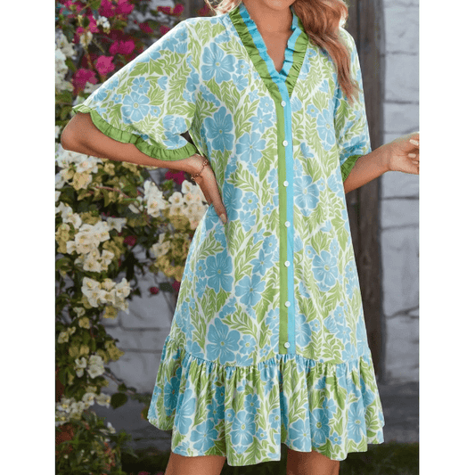 Tilda Sky Blue Botanical Floral Print Frilled Trim V Neck Button Front Loose Dress