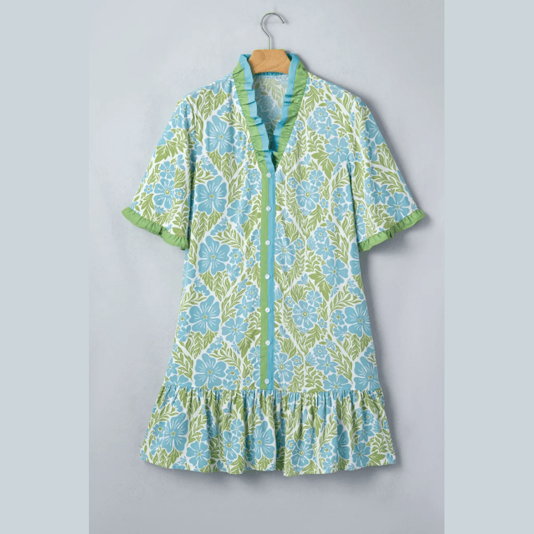 Tilda Sky Blue Botanical Floral Print Frilled Trim V Neck Button Front Loose Dress