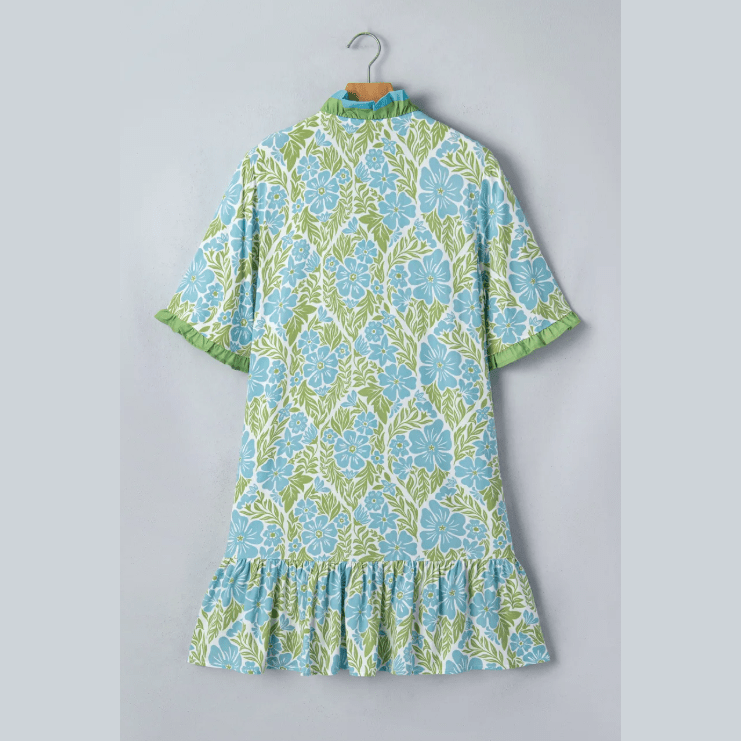 Tilda Sky Blue Botanical Floral Print Frilled Trim V Neck Button Front Loose Dress
