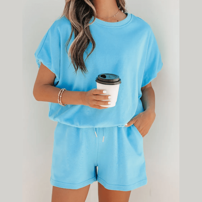 Hadlee Light Blue Puffy Loose Top Drawstring Shorts 2pcs Outfit