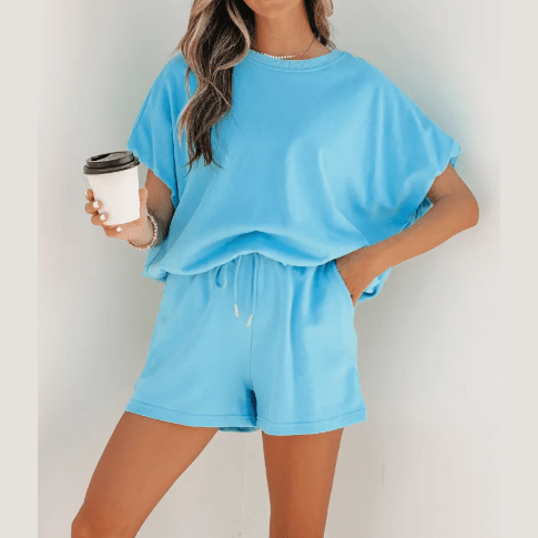 Hadlee Light Blue Puffy Loose Top Drawstring Shorts 2pcs Outfit