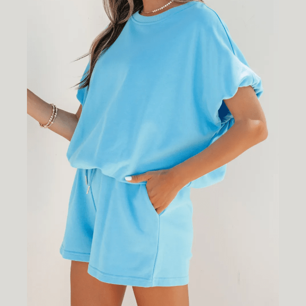 Hadlee Light Blue Puffy Loose Top Drawstring Shorts 2pcs Outfit