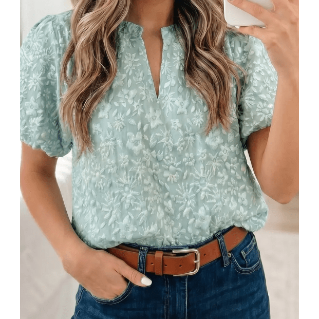 Mindi Iceland Blue Floral Textured Jacquard Puff Sleeve Blouse